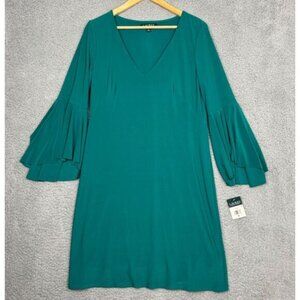 Lauren Ralph Lauren Shift Dress V-Neck 3/4 Sleeve Sz Tiered Bell 8 Emerald Green
